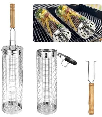DTYGUIXE Cesta para Verduras Barbacoa, 2 Cestas de Parrilla Rodante con Mango de Madera Canasta de Barbacoa Cilíndrica de Acero Inoxidable Cesta para Parrilla de Barbacoa para Asar Comida Pequeña