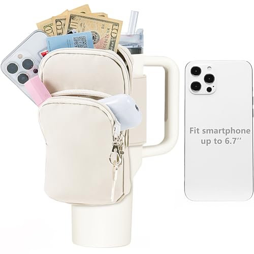 Stanley Quencher Cup Tumbler Holder - Water Bottle Pouch with Large Pocket for Accessories, Adjustable Strap, Fits iPhone 14 Pro Max (Bag Only), A-cream
