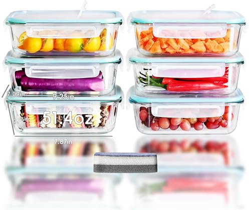 LNWSN Frischhaltedosen Glas mit Deckel 6er, 1520ml Hochtransparente Borosilikatglas Meal Prep Boxen Glas, Hohes Volumen Versiegelter Glasbehälter mit Deckel, Food Container für Profiköche und Bäcker