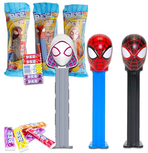 Paquete de 4 dispensadores Spiderman PEZ – Paquete con 3 dispensadores Pez con paquete de recambio Spiderman Plus PEZ | Dispensador de dulces Marvel Spiderman PEZ y recambios de dulces