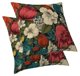 ggaimwf Vintage Florale Kissenbezüge Pfingstrosenblume Blüte Bunt Kissen Ästhetisch Kunst Leinen Quadratischer Kissenbezug für Heimdekoration Wohnzimmer Couch-Überwurf-Kissenbezüge 50x50cm 2er-Set