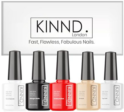 Quick Dry Nail Polish | Favourites Set, 5 x 8ml | Rapid Drying Nail Varnish Sets Gift Box | Top Coat, Nude, Black, White, Red | 12 Free, Cruelty Free, Vegan, Made in UK