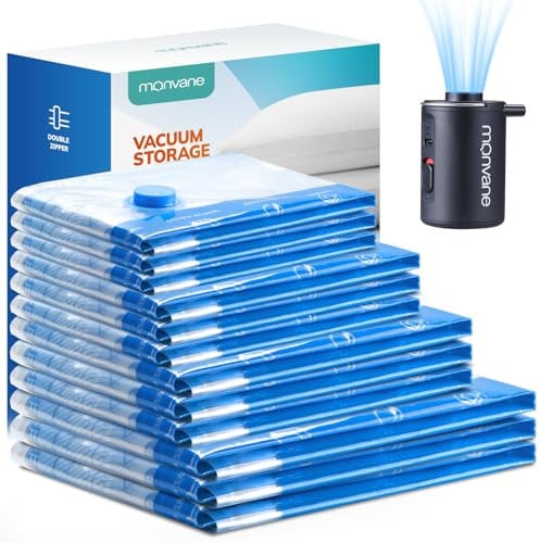 MONVANE Vakuumbeutel für Kleidung mit kabellose elektrischer Pumpe, Vakuum Bags 12 Stück(3*60*80cm + 3*50*70cm + 3*40*60cm + 3*30*50cm)— Vakuumbeutel für Reisen, Bettdecken, Decken, Kissen, Bettwäsche
