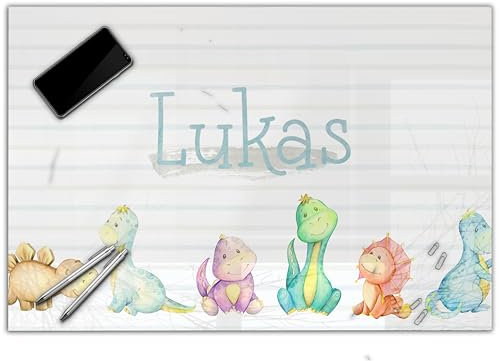 Schreibtischunterlage personalisiert mit Namen | wasserfeste Schreibunterlage, abwischbar, glatt | stabiles, hochwertiges Acrylglas, Kinder Kunststoff Tiere | 60x40cm 12- Dinos