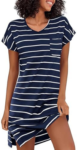 Jahetuul Chemise de Nuit Femme à Manches Courtes Robe de Nuit à Manches Raglan Robe de Nuit à Rayures Chemise de Nuit Femme Coton avec Design à Fentes Vêtements de Nuit Femme T-Shirt