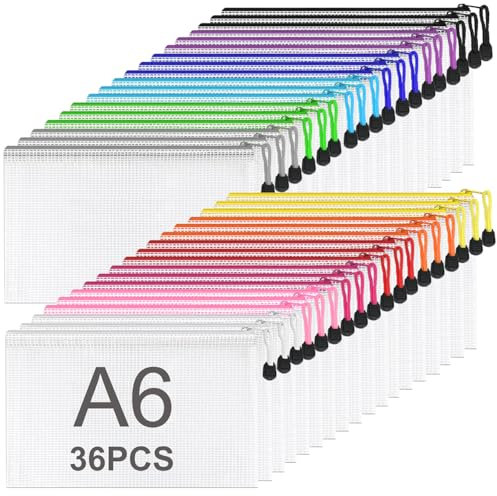 ASelected 36 Stücke Dokumententasche A6 Reißverschluss Bunte, Mesh Kunststoff Reißverschlusstasche, Datei Taschen mit Reißverschluss A6 Zipper Taschen für Datei, Dokumente, Hausaufgaben, Reisezubehör