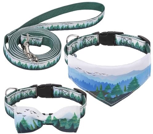 EXPAWLORER Set mit kleinem Hundehalsband und Leine, verstellbares Hundehalstuch mit Glöckchen, niedliches Hundehalsband mit Schleife, grünes Baummuster, Haustierhalsband für kleine Hunde, Katzen zum