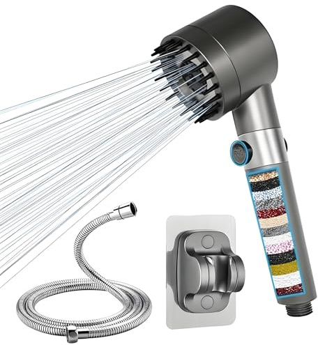 AGSYFFD Filter Shower Head for Hard Water with 15-Stage Filtration, 3+1 Spray Modes, 1.5m Hose & Bracket, Handheld Massage, Anti-Chlorine, high-Pressure, Water-Saving, Easy Install
