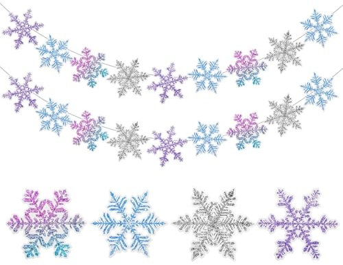 DazzJoy 2 Stück Schneeflocken Girlande Geburtstag, Snowflake Geburtstag Girlande, Weihnachtsgirlande Hängend Deko, Frozen Geburtstagsgirlande für Prinzessin Geburtstag Deko, Weihnachten Kinder Deko