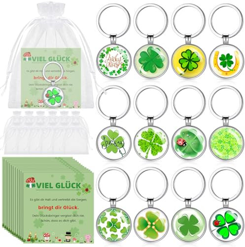 Kasyat 12 Sets Glücksbringer inklusive 12 Glück Schlüsselanhänger mit Kleeblatt Hufeisen 12 Viel Glück Karten 12 Organzasäckchen Glücksgeschenk für Abschied Danke Weihnachten Silvester