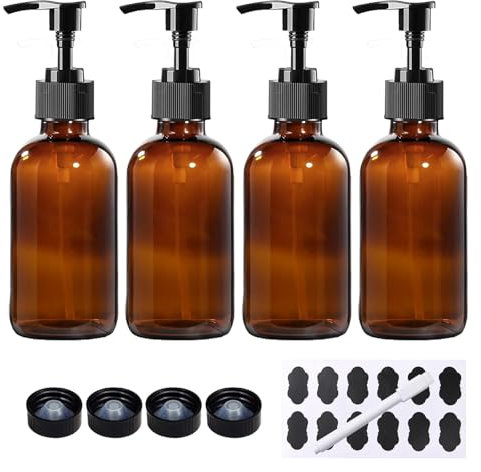BPFY Lot de 4 flacons à pompe Boston en verre ambré avec pompes pour lotion, savon, huiles de massage, conteneurs rechargeables avec bouchons de 237 ml