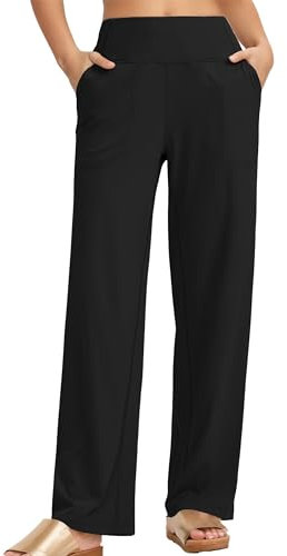 Timuspo Yogahose Damen Weites Bein Pants Bauchkontrolle lang atmungsaktiv mit Taschen Freizeit Elastischer Bund High Waist Schwarze Hose XL