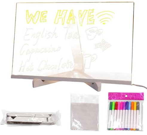 LED-Notiztafel mit 12 Farbstiften – durchsichtiges, leuchtendes Acryl-Zeichnungs- und Schreibtafel, wiederbeschreibbares Memoboard, trocken abwischbares Board mit Ständer für Zuhause, Büro, Schule