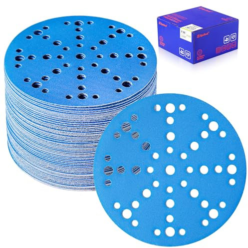 SpeTool Carta vetrata da 150 mm, con 49 fori, 60 pezzi, set di carta vetrata, grana 400, dischi abrasivi in ceramica, 150 mm, carta vetrata per legno
