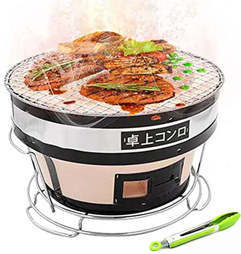 KXAOXGRC Tragbarer Holzkohle-Grillrost, Japanischer Tisch-Keramik-Ton mit Drahtgeflecht-Grill und Lebensmittelzange, runder Hibachi-Grill-Holzkohleofen, Yakiniku-Kocher for Camping oder Zuhause
