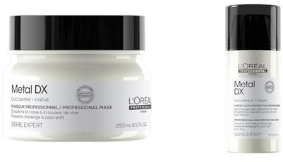L'Oréal Professionnel Pflegeduo für alle Haartypen, beugt Haarbruch & Farbveränderungen vor, Anti-Frizz, Hitzeschutz, Mit Glicoamin, Serie Expert, Metal DX Haarmaske & Leave-In Cream