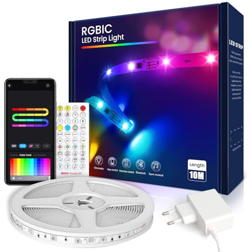 VKH LED Strip 10m, RGB-IC LED Streifen mit App, Segmentcontrol, Farbwechsel, Musik Sync, LED Lichterkette für Party, Zuhause, Schlafzimmer, Gaming, Küche Deko