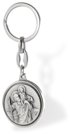 Lunexus Christopherus Porte-clés Ø 3,5 cm - Saint Christophe ange gardien pour voiture et moto - Béni - saint patron automobiliste - Porte-bonheur - Porte-clés pèlerin, argenté, 9,5 cm