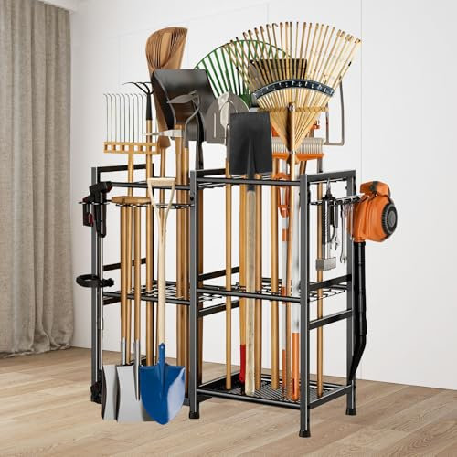 Étagère de rangement mobile pour outils de jardin, étagères utilitaires en métal, support de rangement de garage, porte-vadrouille commercial, peut contenir outils, pelles, râteaux, balais, cordons