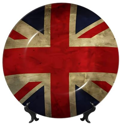 QMNKLET Dekorativer Teller aus Knochenporzellan, britische Flagge, Keramik-Speiseteller mit Präsentationsständer, Keramikornamente, Kunst-Porzellanteller für Zuhause, Büro, Wanddekoration, Sammlungen