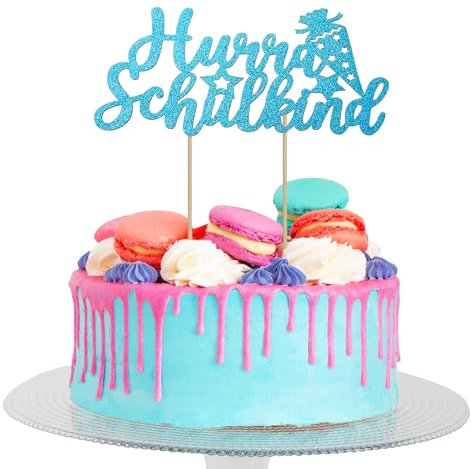Affivia Glitzer Tortendeko Einschulung Blau, Torte Deko Einschulung Junge 2025, Zuckertüte Hurra Schulkind Tortendeko, Kuchendeko Schulanfang Deko Jungen, Cake Kuchen Topper Schuleinführung Bastelset