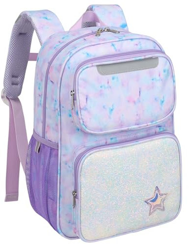 Bagseri Kinder Rucksack für Mädchen - 15L Rucksack für Kinder 3 bis 8, Kindergarten Vorschule Buchtasche 1st 2nd Grade Mädchen Rucksack mit isolierter Tasche und reflektierendem Streifen, lila Tie-dye