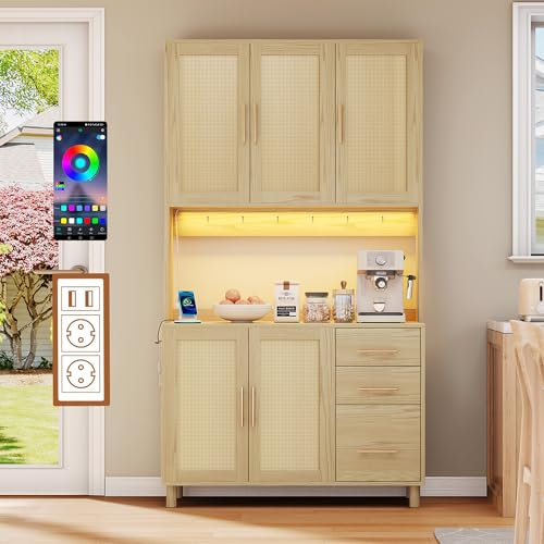 H183cm Küchenschrank Buffetschrank,Hochschrank Buffet mit App-gesteuerte LED-Deko-Lichter, 2 x USB, 2 x Steck-Do-sen, Verstellbare Einlegeböden,Rattanschrank mit 3 Schubladen für Küchen, Esszimmer