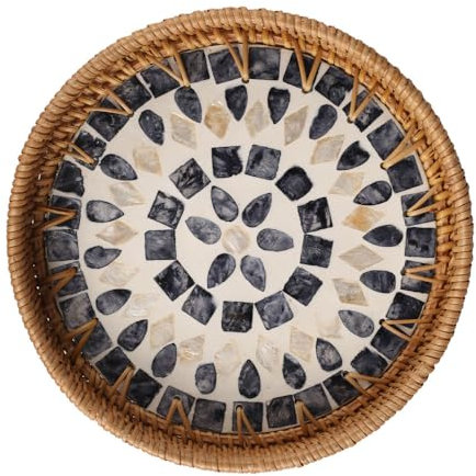 MiOYOOW Natale Vassoio da Portata Rotondo in Rattan, 22 cm Piatto con Intarsi in Madreperla, Vassoi con Gioielli, per Snack, Frutta, Decorazioni per la Casa
