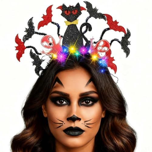 Zoestar Serre-tête lumineux d'Halloween à LED pour femme - Chat noir - Chauve-souris - Fantôme - Accessoire de cheveux pour costume de festival
