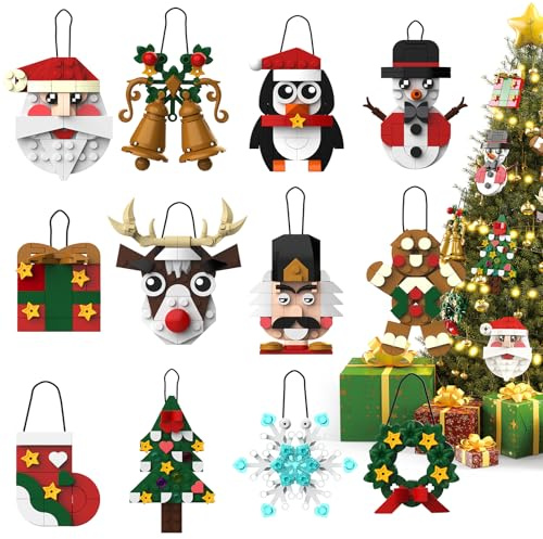 Christmas Ornaments Building Blocks Set,12 PCS Christmas Ornaments Building Kit, Santa, Snowman, Reindeer, Christmas Tree, Snowflake, Stocking, Stocking Stuffers Decor Toys Gifts for Boys Girls Kids
