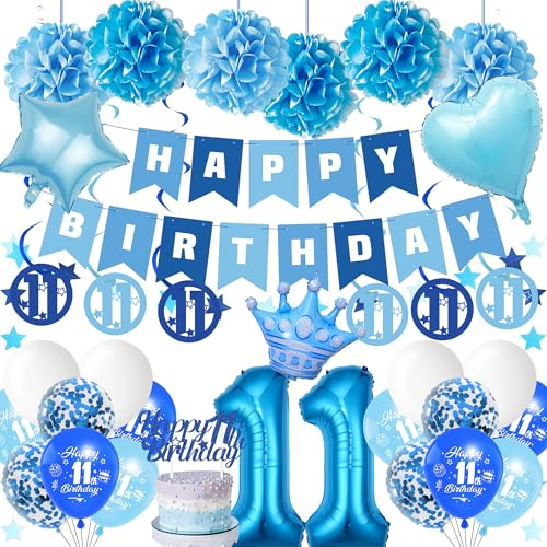 11 Geburtstag Junge Luftballon Deko - 36 StüCk Blau Partyzubehör | Happy Birthday Banner Riesen Folienballon Zahl Geburtstagsdeko Girlande Tortendeko Papier Pompons Deko für 11 Jahre Jungen