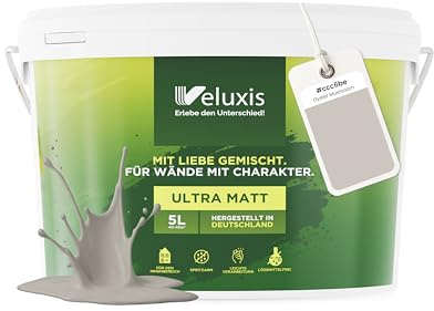 Veluxis® Pintura de pared color topo para interiores - 5 litros y opacidad clase 1, sin vetas, antigoteo, ecológica y sin COV - (Oyster Mushroom)