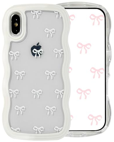 Riccase for iPhone X Case iPhone XS Phone Case Bow Curly Wave Frame Phone Case, Shockproof Clear Soft Transparent Silicone Protective Bumper Cover for Women Girls, White
