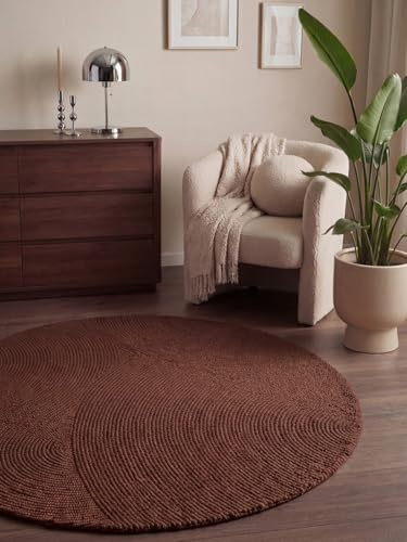 Hanse Home Wollteppich Calmio - Natur Wohnzimmerteppich - Handgetuftet - Hygge Skandi, Boho Teppich Wolle für Wohnzimmer, Schlafzimmer, Esszimmer, Flur - Rot Braun, Ø 200 cm