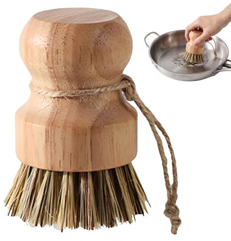 Spazzola Piatti in Legno di Gomma con Setole in Fibra di Cocco e Sisal, Spazzola per Pentole e Padelle con Cordino, Spazzola da Cucina Ergonomica per Pulizia Stoviglie e Verdure