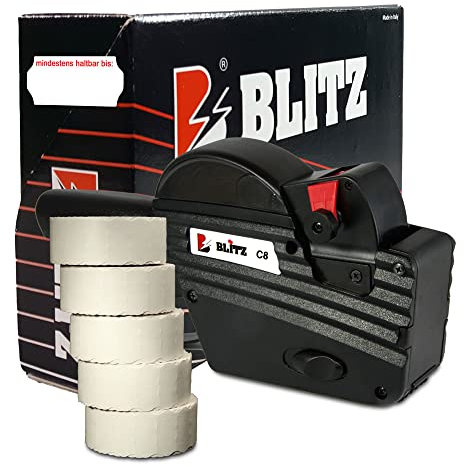Preisauszeichner Set Blitz C8 inkl. 5 Rollen 26x12 Preisetiketten - weiß permanent | Aufdruck: mindestens haltbar bis | HUTNER