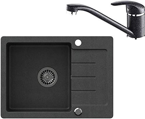 VBChome Fregadero negro 60 x 44 cm de granito para empotrar fregadero individual empotrado moteado reversible compuesto + sifón grifo monomando