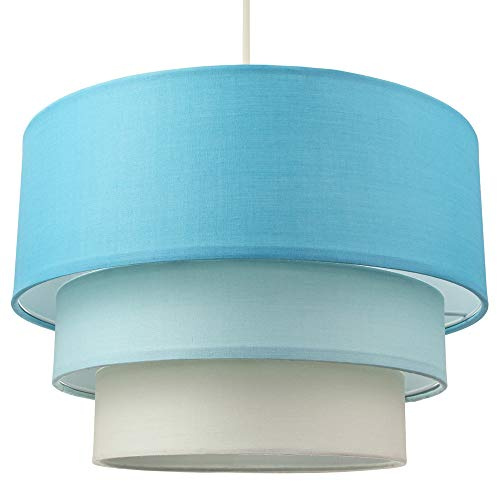 Contemporary Round Triple Tier Teal/Blue Cotton Fabric Designer Pendant Lighting Shade | 60w Maximum | Modern Style | 30cm Diameter by Happy Homewares
