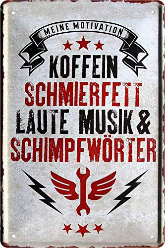 schilderkreis24 - Blechschild Lustiger Handwerker Spruch “KOFFEIN SCHMIERFETT LAUTE MUSIK & SCHIMPFWÖRTER” Deko Hobbyraum Werkstatt Geschenk Geburtstag Weihnachten 20x30 cm