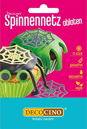 DECOCINO Halloween Oblaten Spinnennetze mit 3D-Effekt (12Stk.) - Torten- Kuchen- Muffin- Cupcake- - -Deko aus Esspapier
