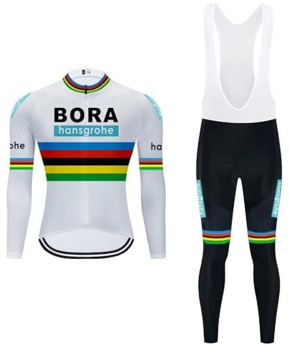 Radtrikot Set Herren Fahrradtrikot, Langarm Set mit 20D-Gel-gepolsterten Langarm Trägerhose Radhose, Atmungsaktiv Elastische Schnell Trocknend Fahrradbekleidung Set für Radfahren MTB