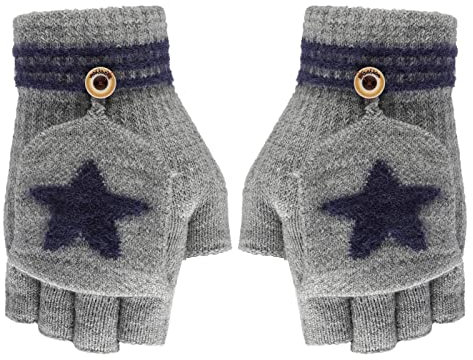 FakeFace Fäustlinge mit Knopf Klappe Fingerlose Halb Handschuhe für Kinder Winter Warm Strickhandschuhe Fingerhandschuh Winterhandschuhe 4-10 Jahre alt Jungen Mädchen (Grau-Star)
