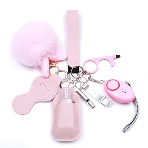 QINER Selbstverteidigung Schlüsselanhänger Set Frauen mit Persönlicher Alarm, Sicherheits Schlüsselanhänger Set mit Sicherheitshammer, Pfeife und Pom Pom, Self Defense Keychain Geschenke für Frauen