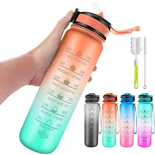 AMYANT 1 Liter auslaufsichere BPA-freie Wasserflasche mit motivierender Zeitmarkierung und Strohhalm, damit Sie genug Wasser trinken, Fitness, Outdoor, Fitnessstudio, Sport Orange Grün
