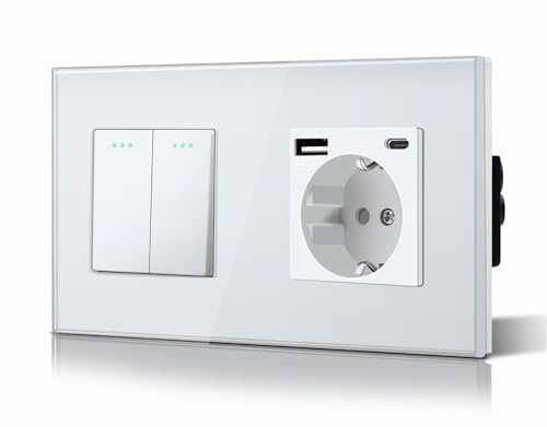 BSEED Interruptor Normal y Enchufe USB C,Basculante Con Pilotitos LED,Marco de Cristal,Fácil Instalación,Fáciles de Limpiar,2 Gang 1 Vía Con Enchufe USB/Tipo C,157mm Blanco
