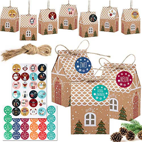 Adventskalender zum Befüllen, DIY Adventskalender 2023, Faltbare Häuschen mit 1-24 Zahlenaufklebern und Kordel für Weihnachten, Geschenkbeutel Weihnachtskalender Tüten, Weihnachtskalender Bastelset
