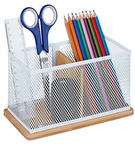 Relaxdays Porte-stylos Bambou et métal, HxLxP: 11 x 19 x 10 cm, Porte-stylos pour Bureau, Nature-Blanc
