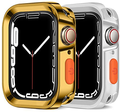 Amizee 2 Pack Rugged Funda Compatible con Apple Watch Serie 9/8/7 41mm Series 6/5/4/SE 40mm, Flexible TPU Anti Choques Bumper Resistente Carcasa Protección Compatible con iWatch (Oro+Transparente)