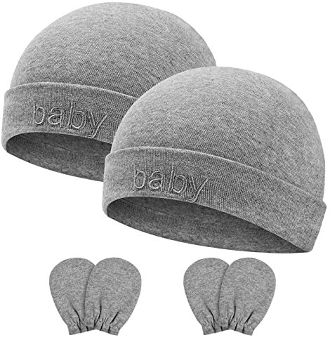 Aolso Neugeborenes Baby Mütze,4 Stück Baby Hut und Handschuhe Set, Baumwolle Baby Mütze, Baby Mütze Jungen Mädchen,Warme Babymütze für Neugeborenes-Grau