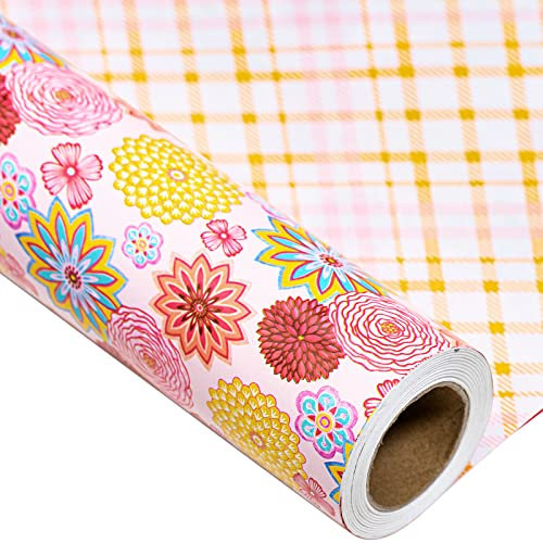 Holijolly Reversible Wrapping Paper Roll.Mini Roll.43.9 cm X 10m.Pink/Gelb Floral/Plaid Design (4.39 Quadratmeter)